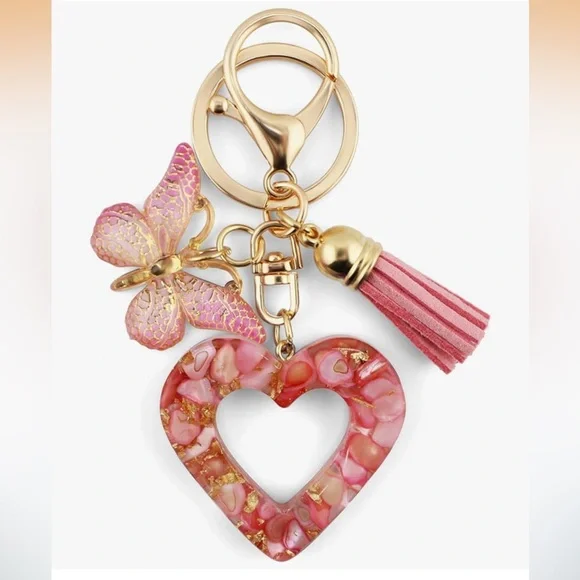 🆕 Heart Resin Keychain with Tassel and Butterfly Charm Bag Accessory for Purse - Picture 1 of 6